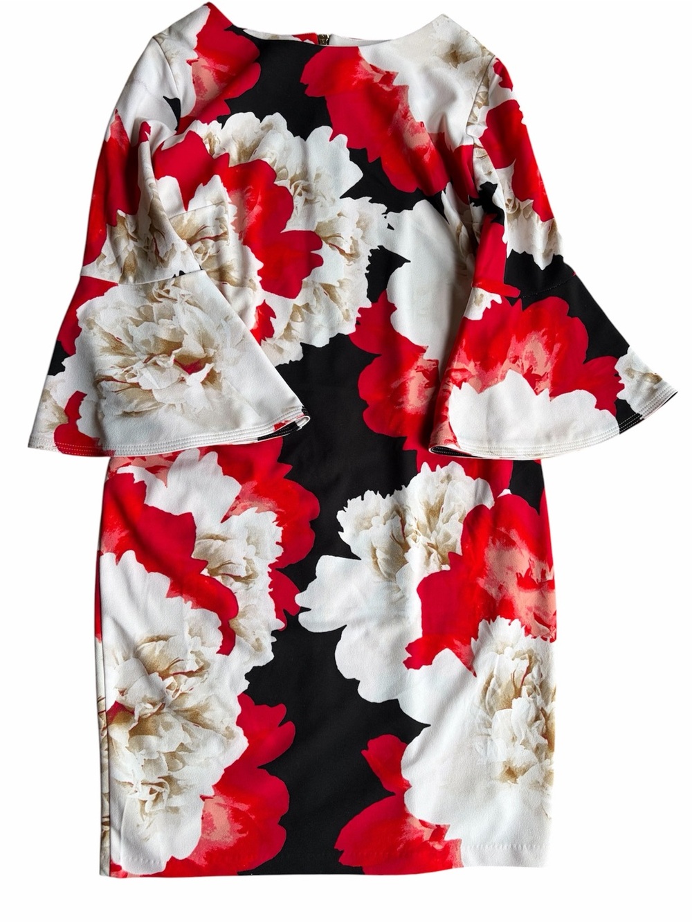 Roz & Ali | Red, White & Black Floral Bell-Sleeve Dress